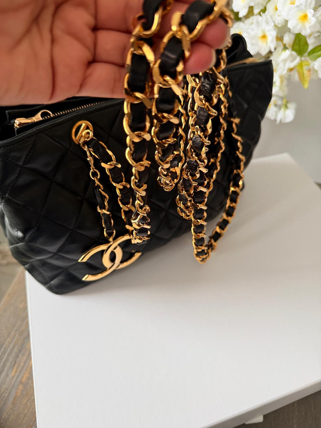 Chanel Vintage Small Tote Bag CC Charm Black Lambskin Leather 24k Gold Plated Hardware