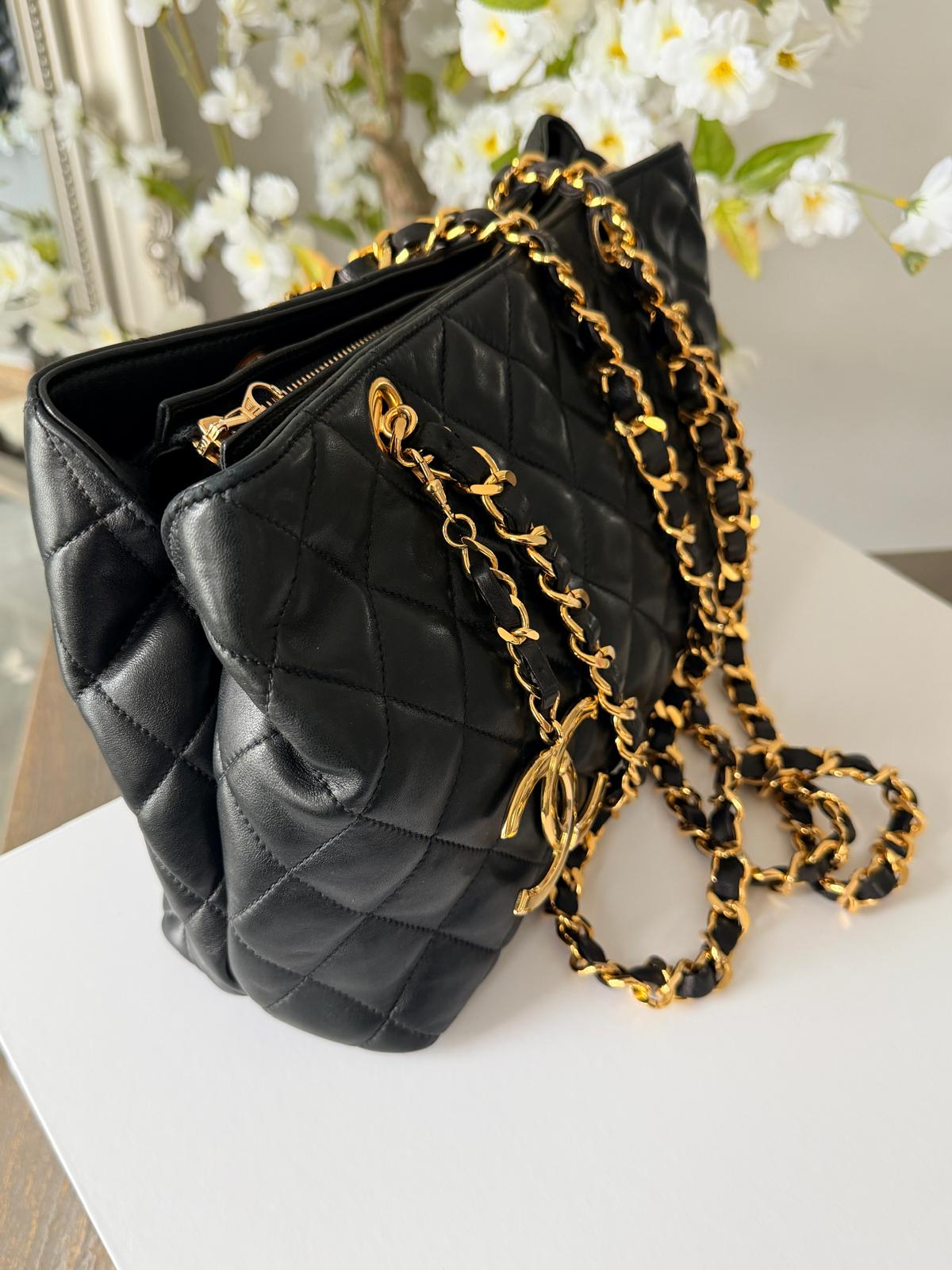 Chanel Vintage Small Tote Bag CC Charm Black Lambskin Leather 24k Gold Plated Hardware