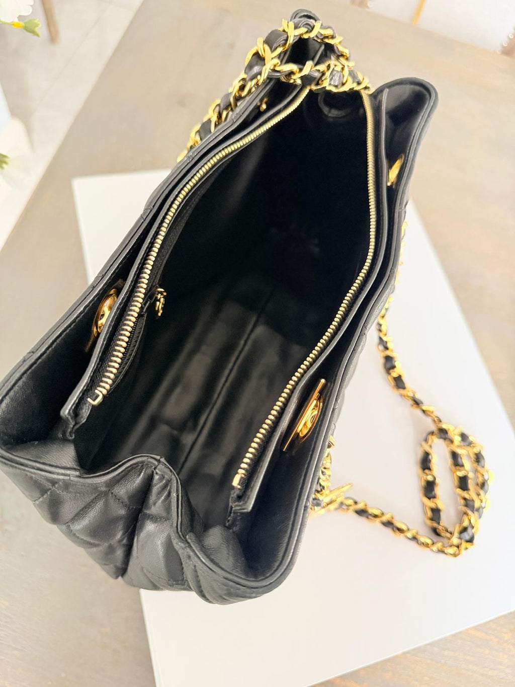 Chanel Vintage Small Tote Bag CC Charm Black Lambskin Leather 24k Gold Plated Hardware