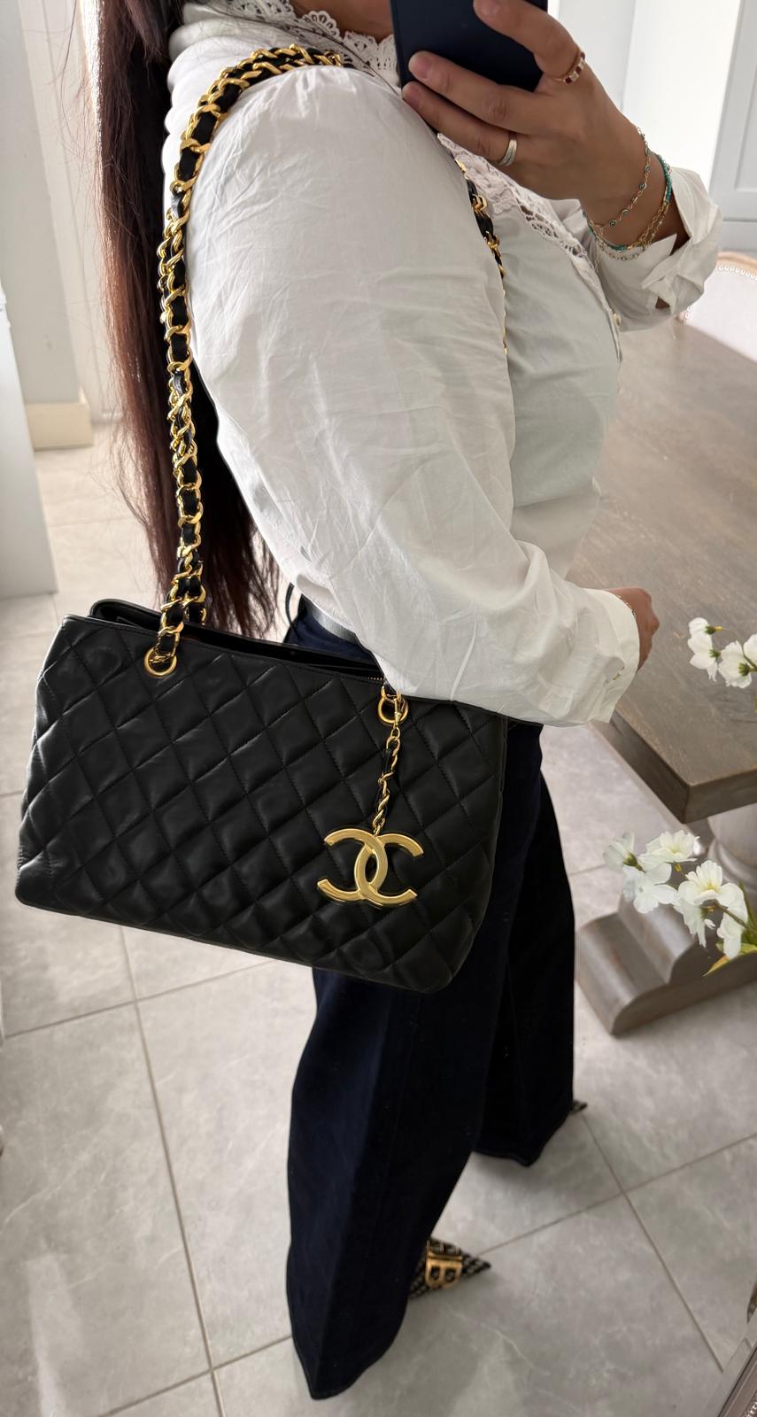 Chanel Vintage Small Tote Bag CC Charm Black Lambskin Leather 24k Gold Plated Hardware