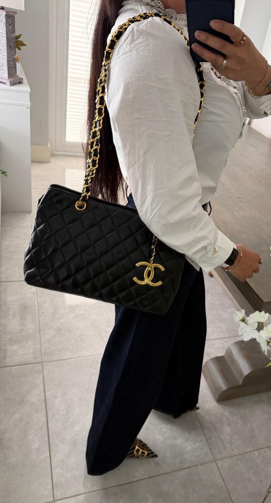 Chanel Vintage Small Tote Bag CC Charm Black Lambskin Leather 24k Gold Plated Hardware