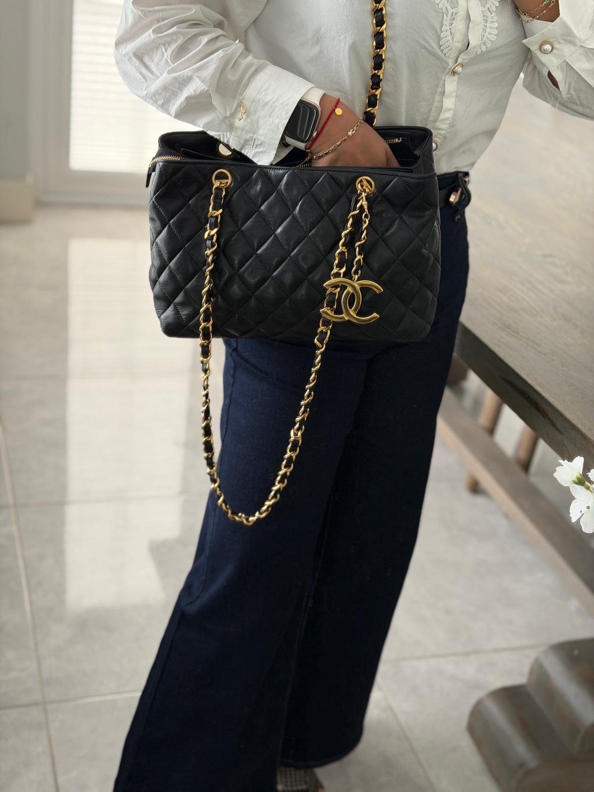 Chanel Vintage Small Tote Bag CC Charm Black Lambskin Leather 24k Gold Plated Hardware