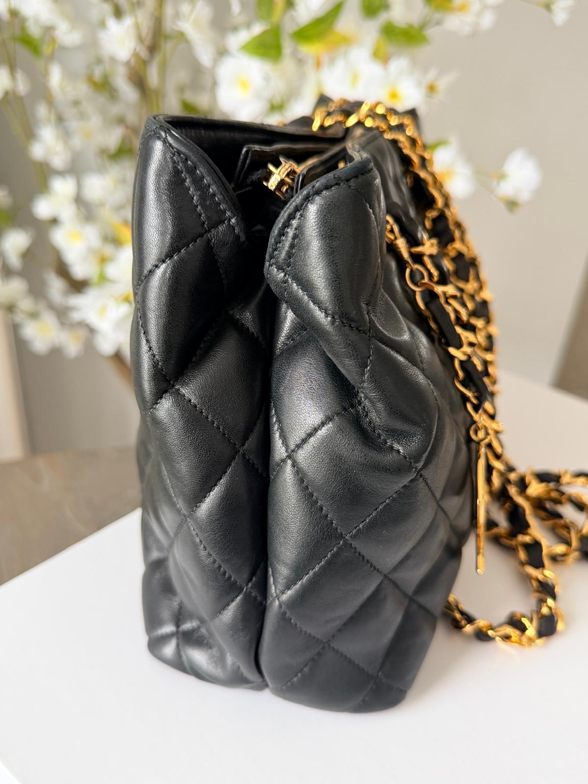 Chanel Vintage Small Tote Bag CC Charm Black Lambskin Leather 24k Gold Plated Hardware