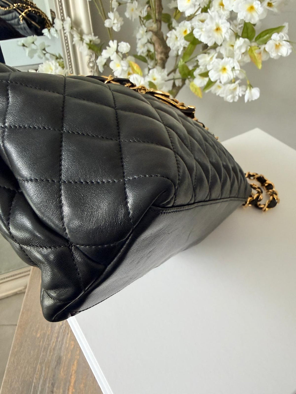Chanel Vintage Small Tote Bag CC Charm Black Lambskin Leather 24k Gold Plated Hardware