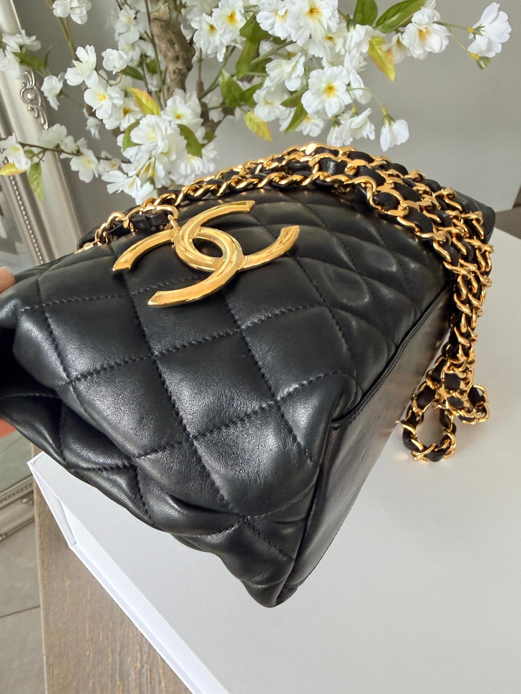 Chanel Vintage Small Tote Bag CC Charm Black Lambskin Leather 24k Gold Plated Hardware