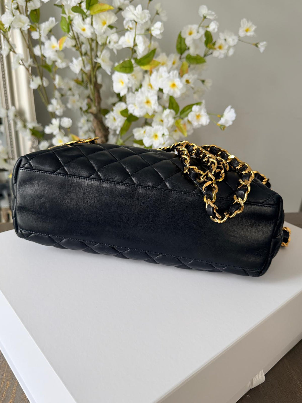 Chanel Vintage Small Tote Bag CC Charm Black Lambskin Leather 24k Gold Plated Hardware