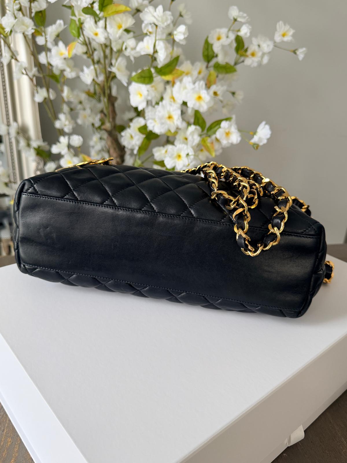 Chanel Vintage Small Tote Bag CC Charm Black Lambskin Leather 24k Gold Plated Hardware
