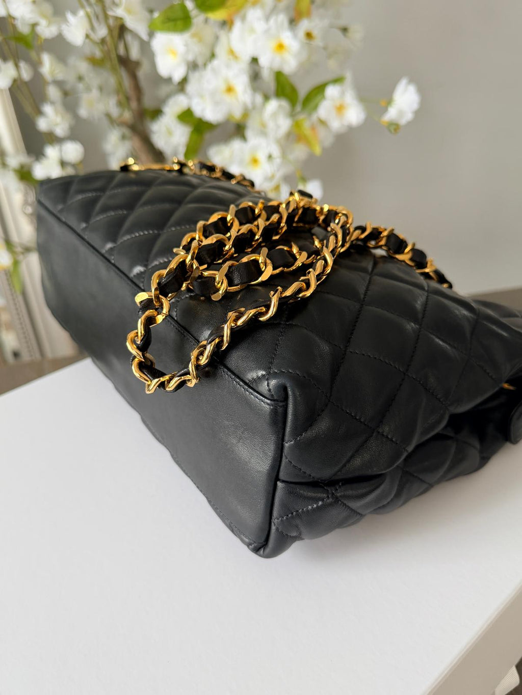 Chanel Vintage Small Tote Bag CC Charm Black Lambskin Leather 24k Gold Plated Hardware