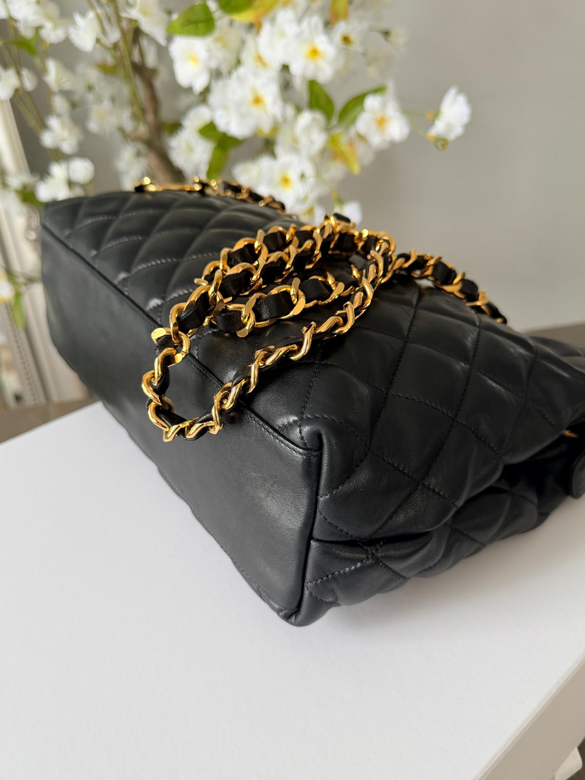 Chanel Vintage Small Tote Bag CC Charm Black Lambskin Leather 24k Gold Plated Hardware