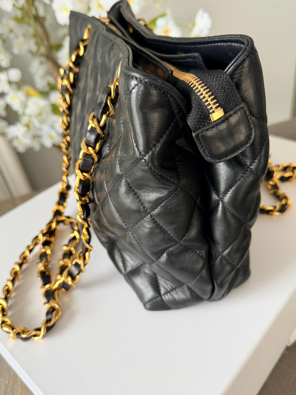 Chanel Vintage Small Tote Bag CC Charm Black Lambskin Leather 24k Gold Plated Hardware