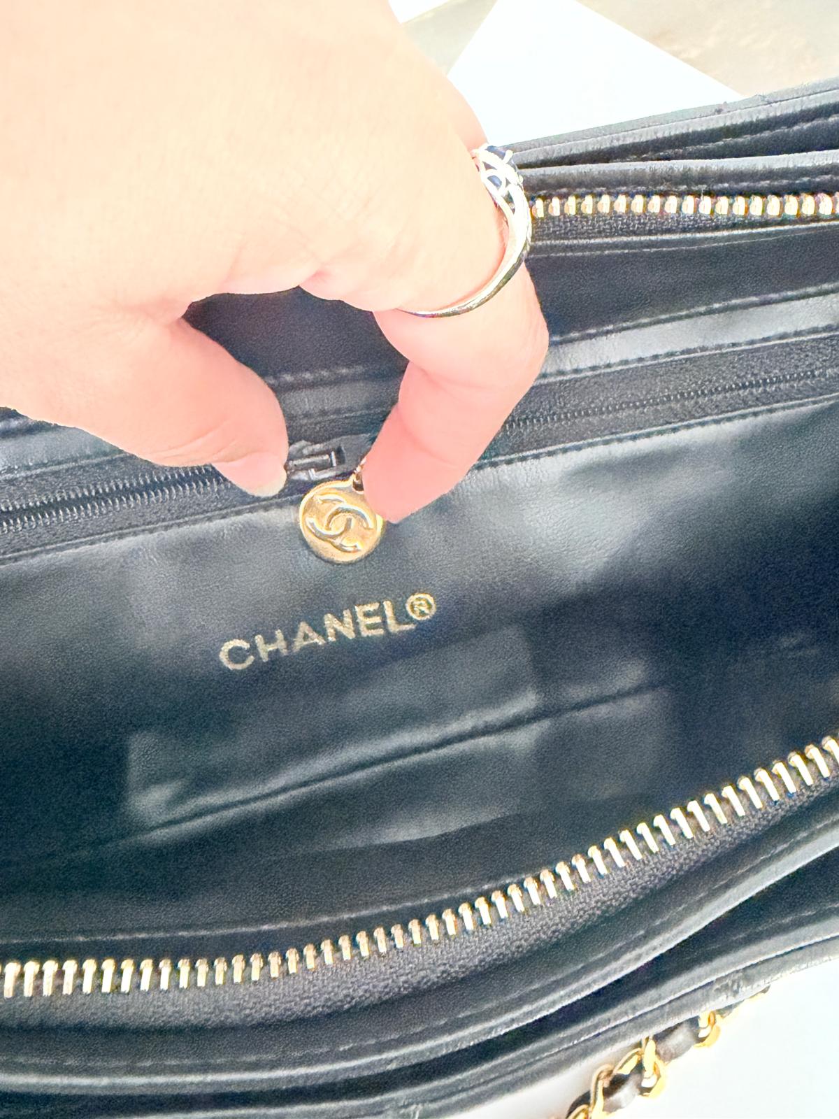 Chanel Vintage Small Tote Bag CC Charm Black Lambskin Leather 24k Gold Plated Hardware