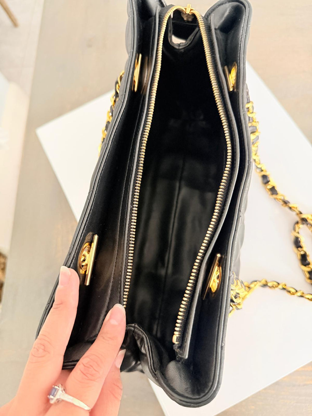 Chanel Vintage Small Tote Bag CC Charm Black Lambskin Leather 24k Gold Plated Hardware