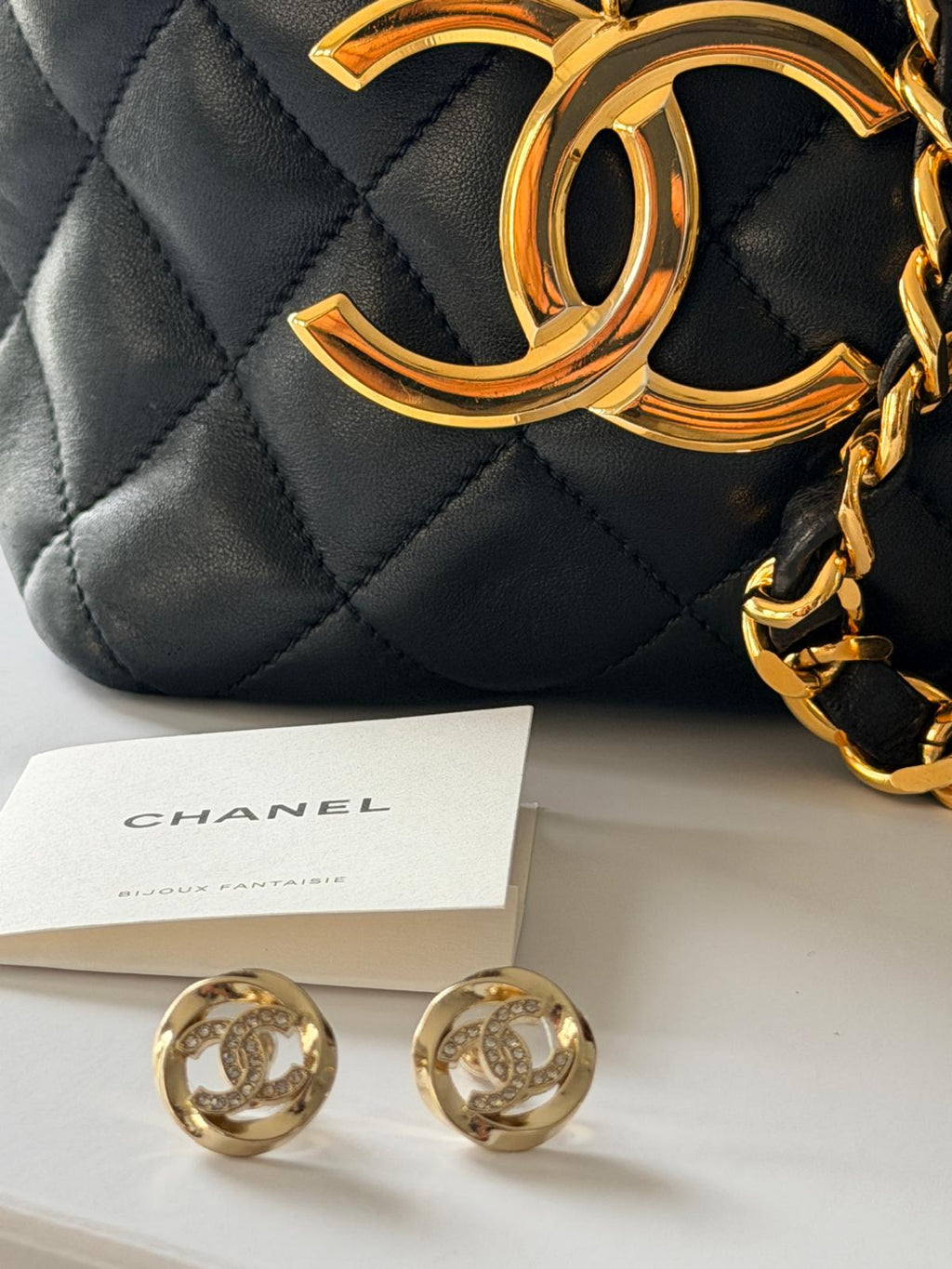 Chanel CC Stud Earrings with Rhinestones & Gold Hardware