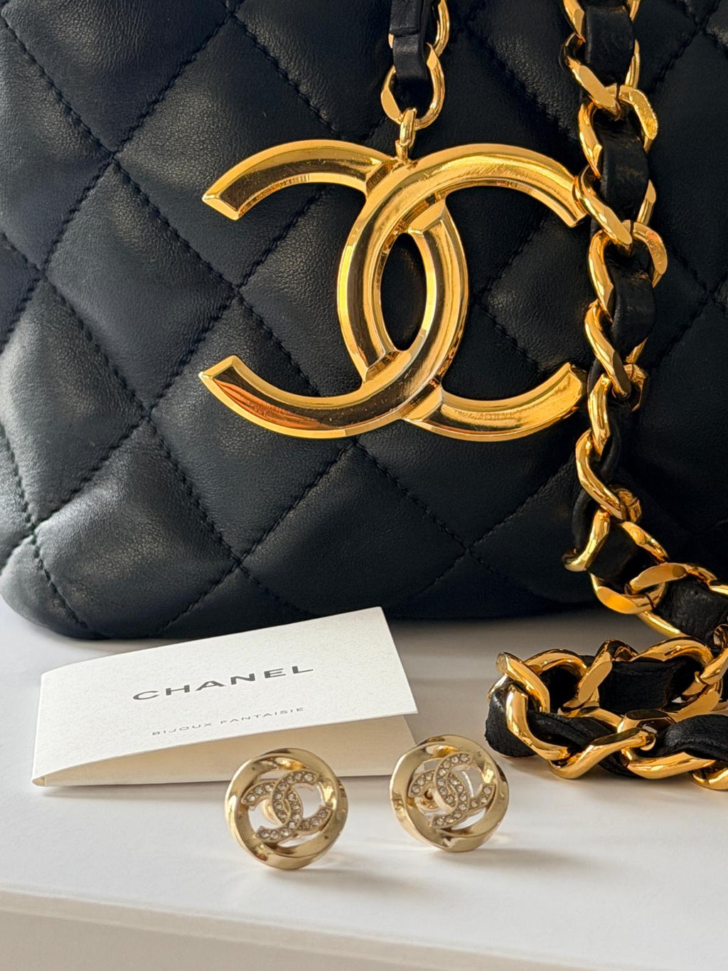 Chanel CC Stud Earrings with Rhinestones & Gold Hardware