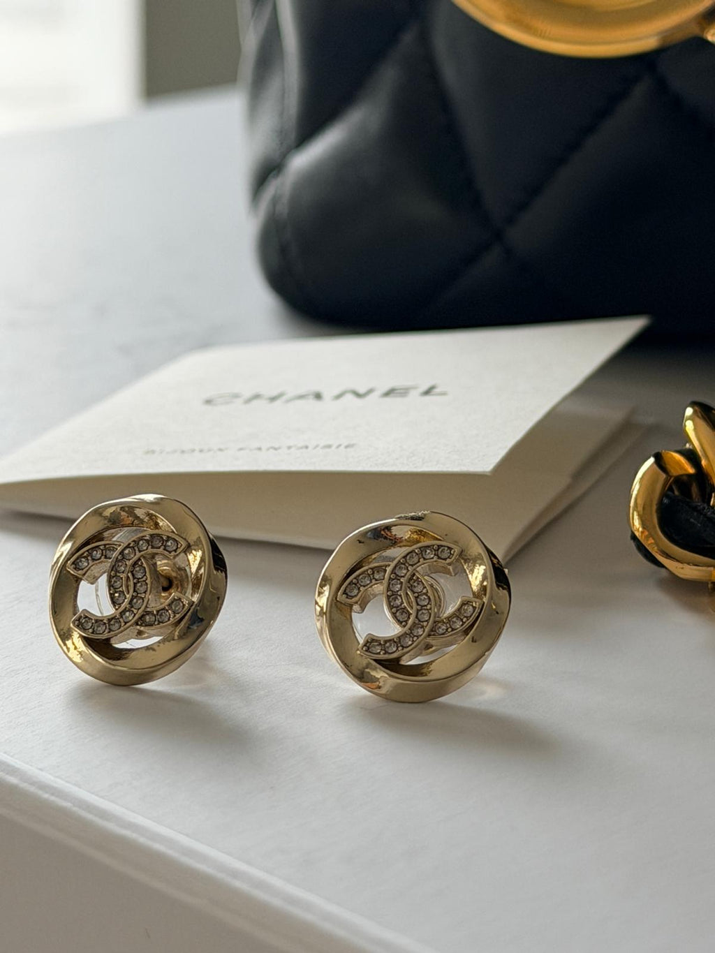 Chanel CC Stud Earrings with Rhinestones & Gold Hardware