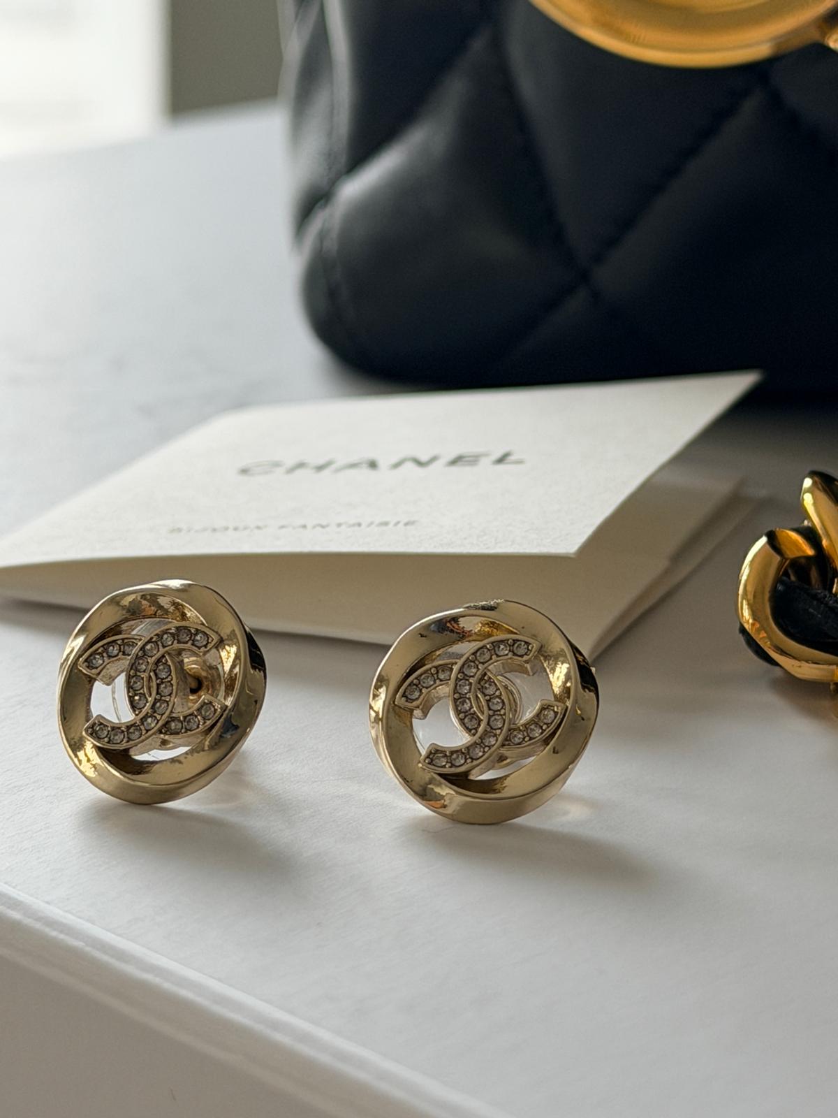 Chanel CC Stud Earrings with Rhinestones & Gold Hardware