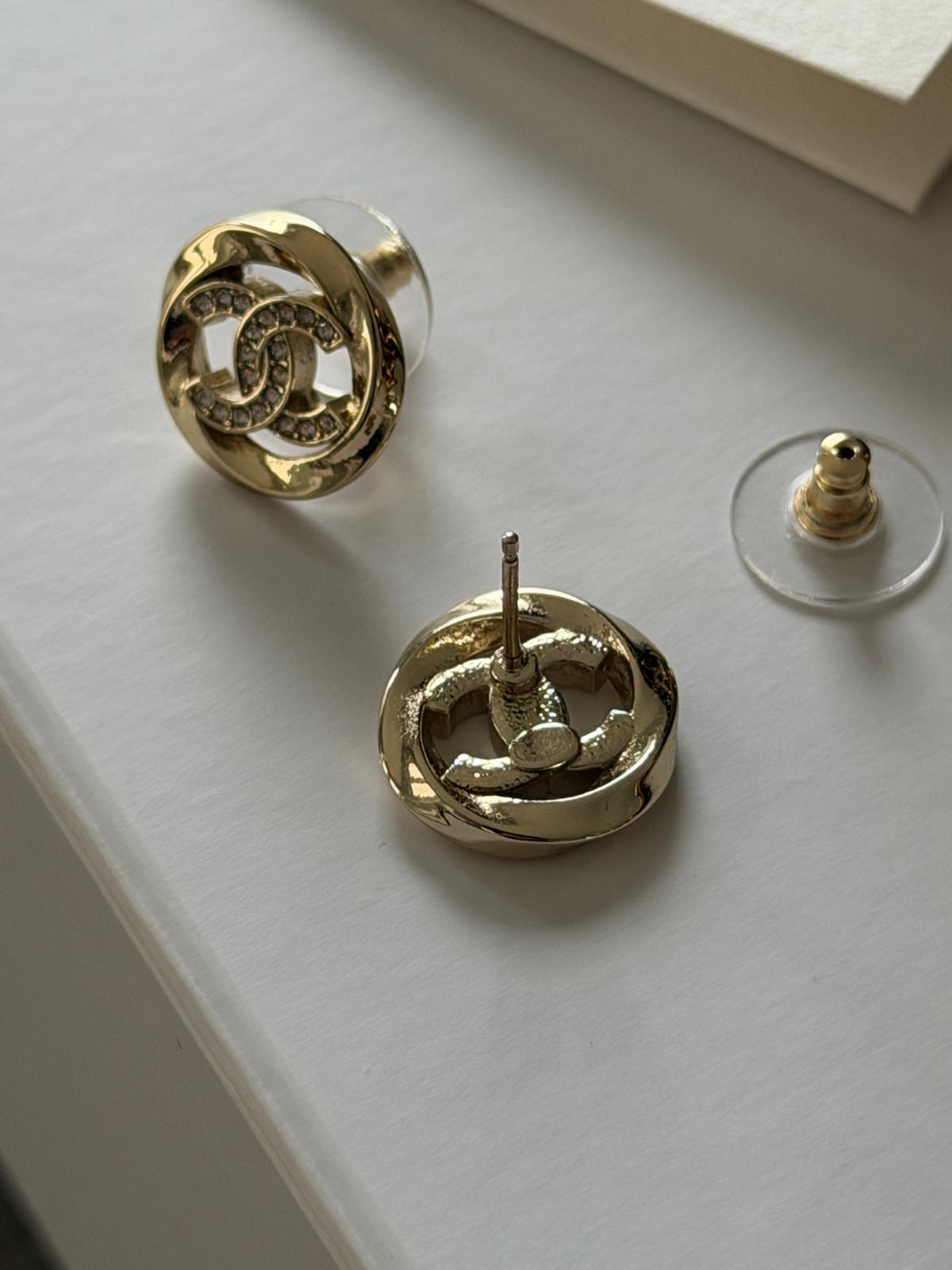 Chanel CC Stud Earrings with Rhinestones & Gold Hardware
