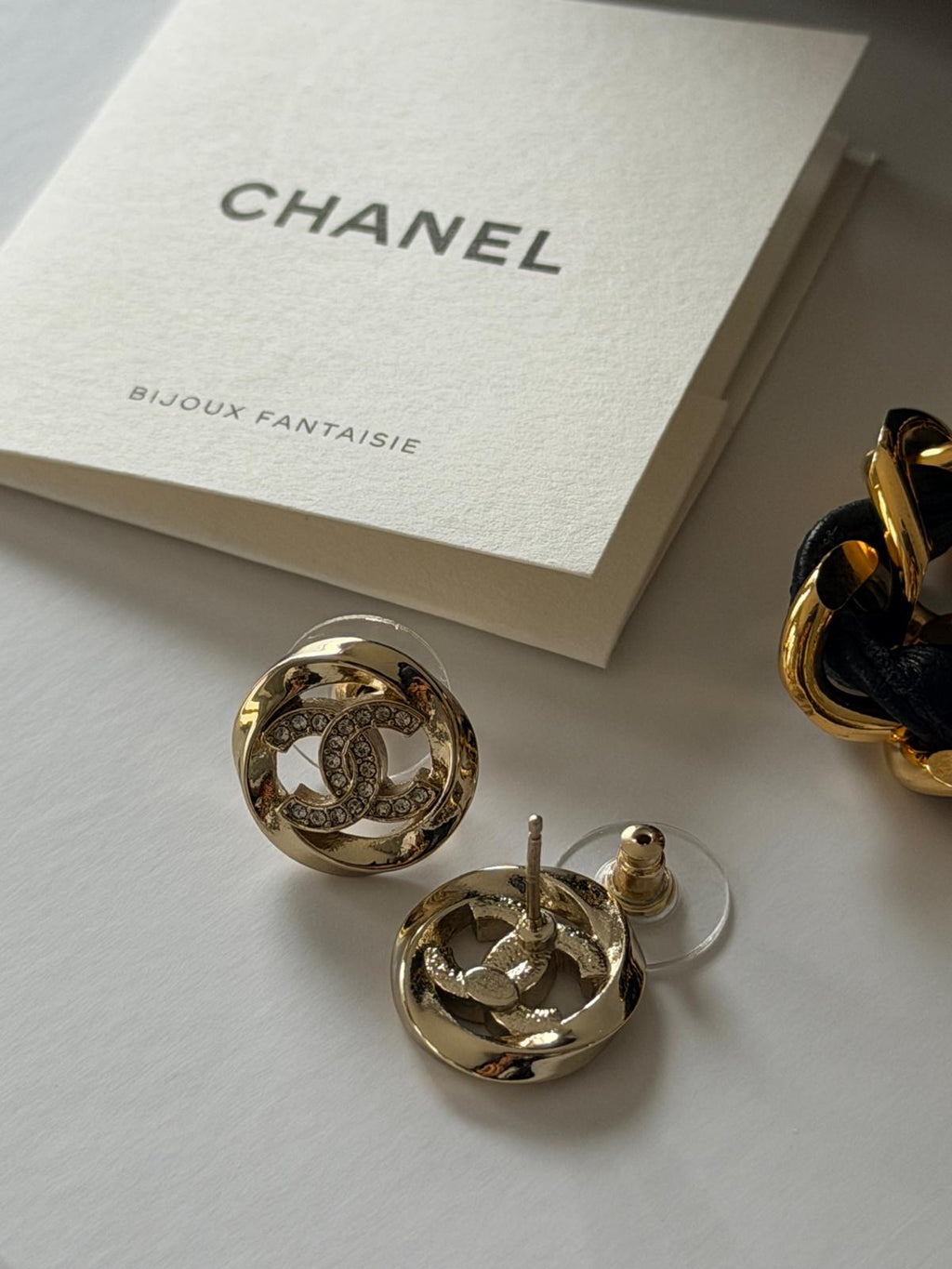 Chanel CC Stud Earrings with Rhinestones & Gold Hardware