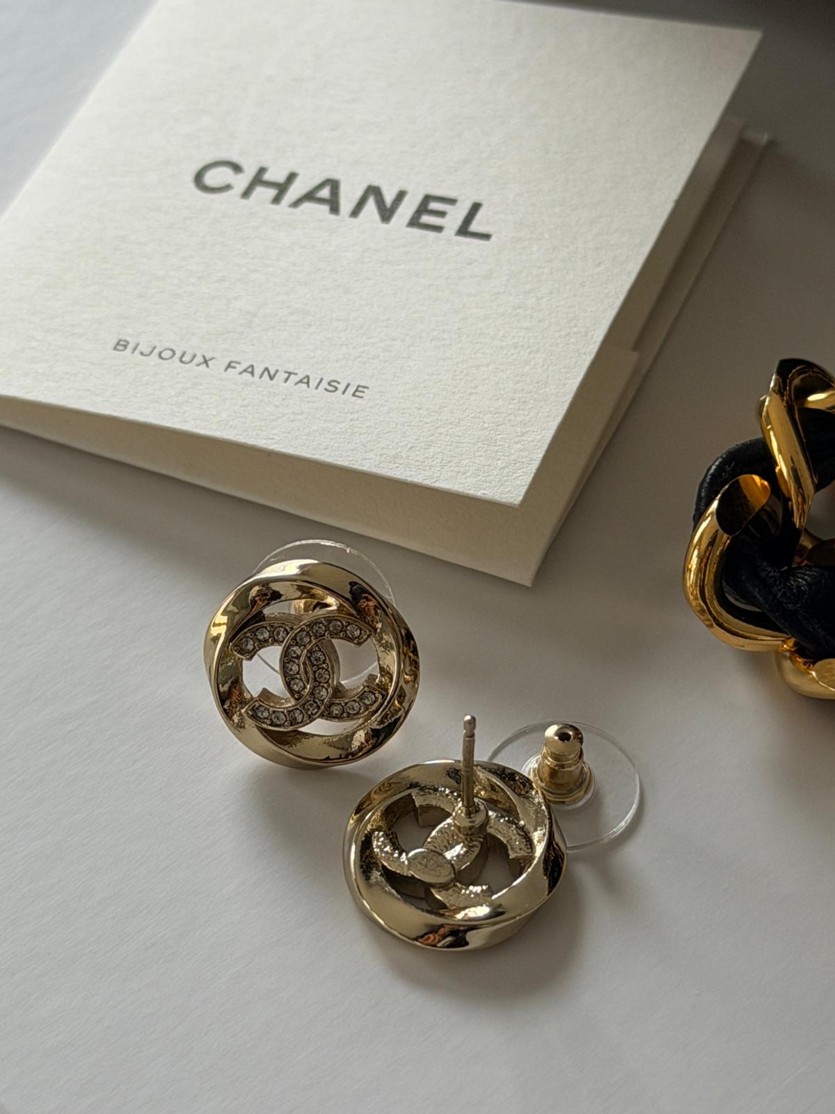 Chanel CC Stud Earrings with Rhinestones & Gold Hardware