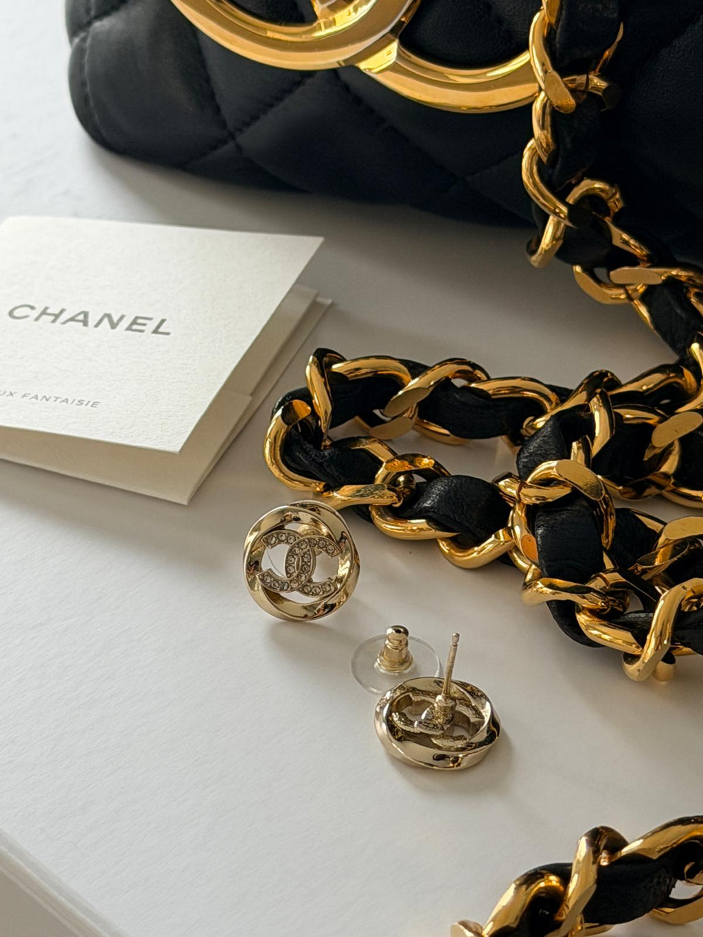 Chanel CC Stud Earrings with Rhinestones & Gold Hardware