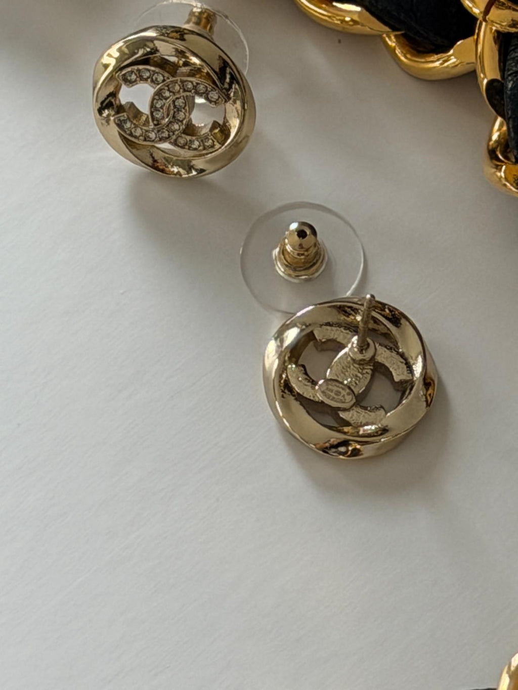 Chanel CC Stud Earrings with Rhinestones & Gold Hardware