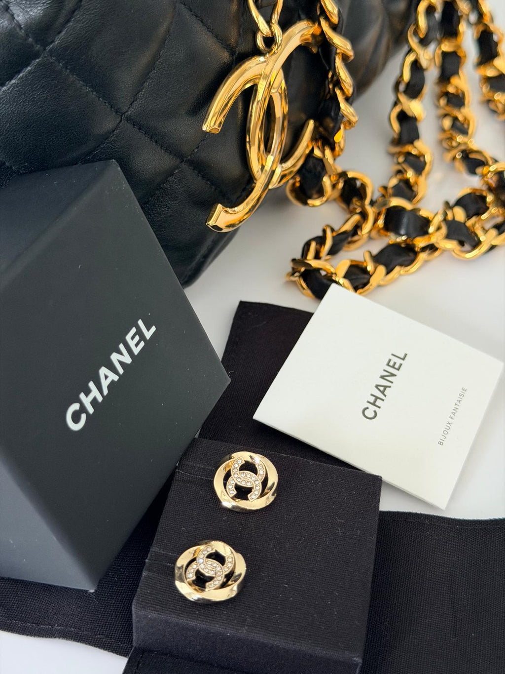 Chanel CC Stud Earrings with Rhinestones & Gold Hardware