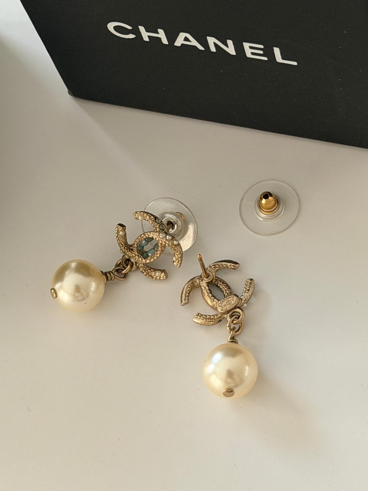 Chanel Pearl Drop Gold Earrings