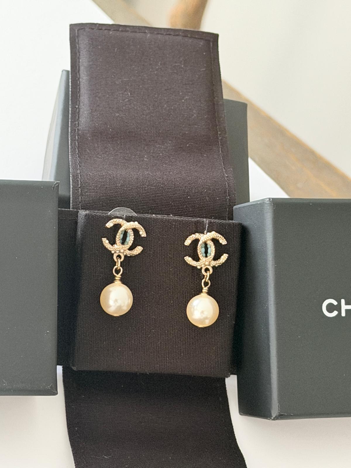 Chanel Pearl Drop Gold Earrings