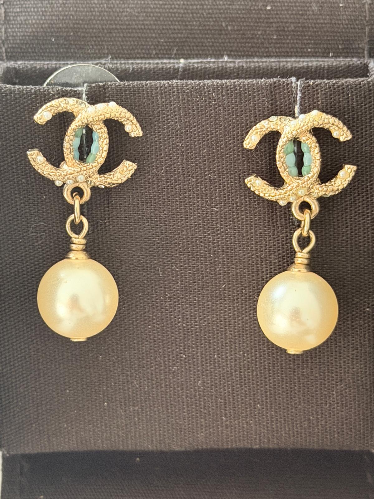 Chanel Pearl Drop Gold Earrings