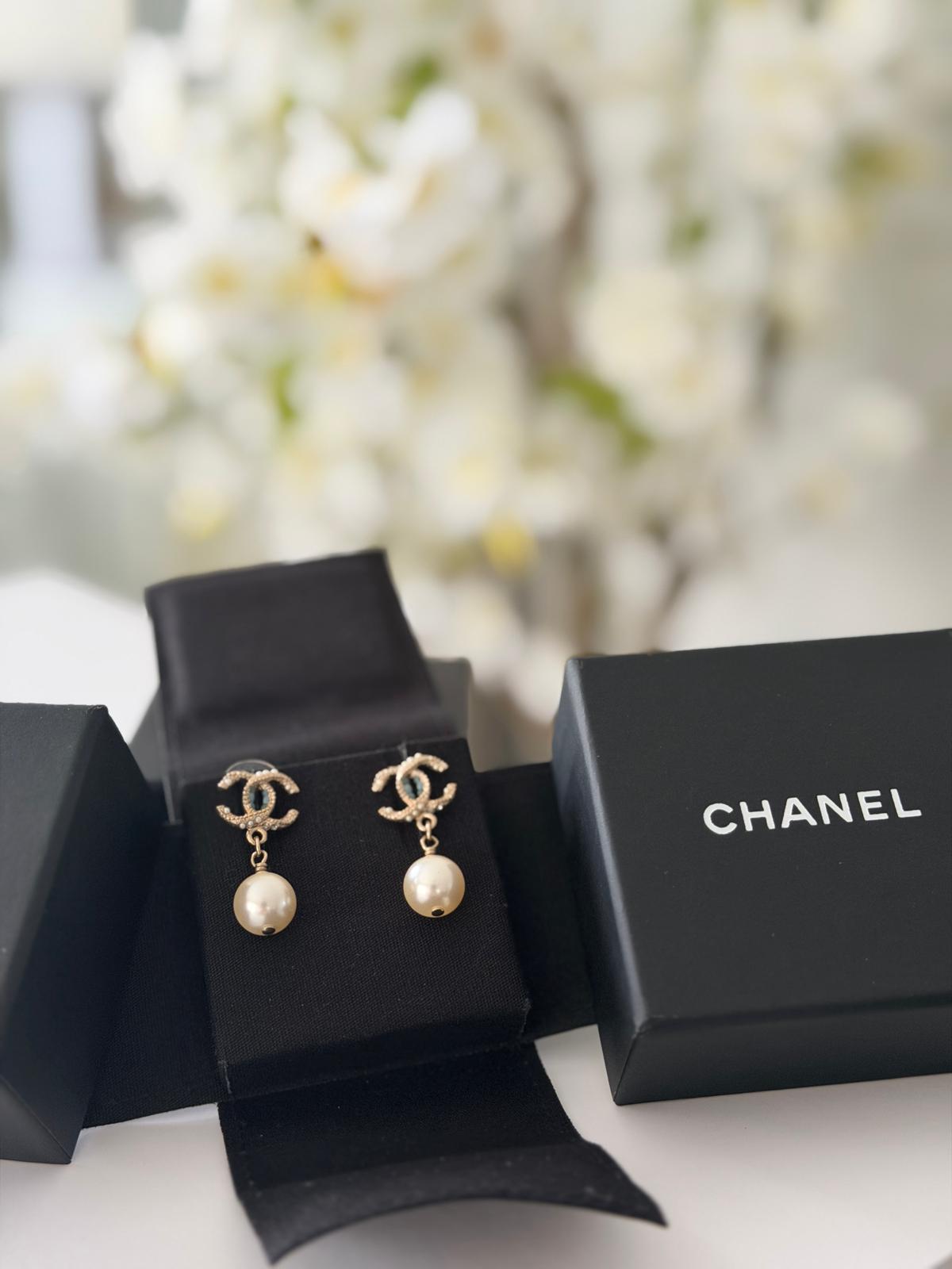 Chanel Pearl Drop Gold Earrings