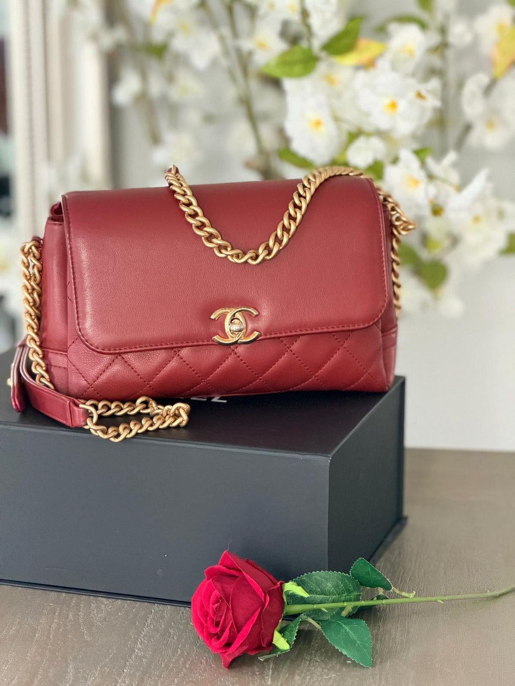 Chanel Single Flap Quilted Burgundy Lambskin Leather Bag with Aged Gold Hardware