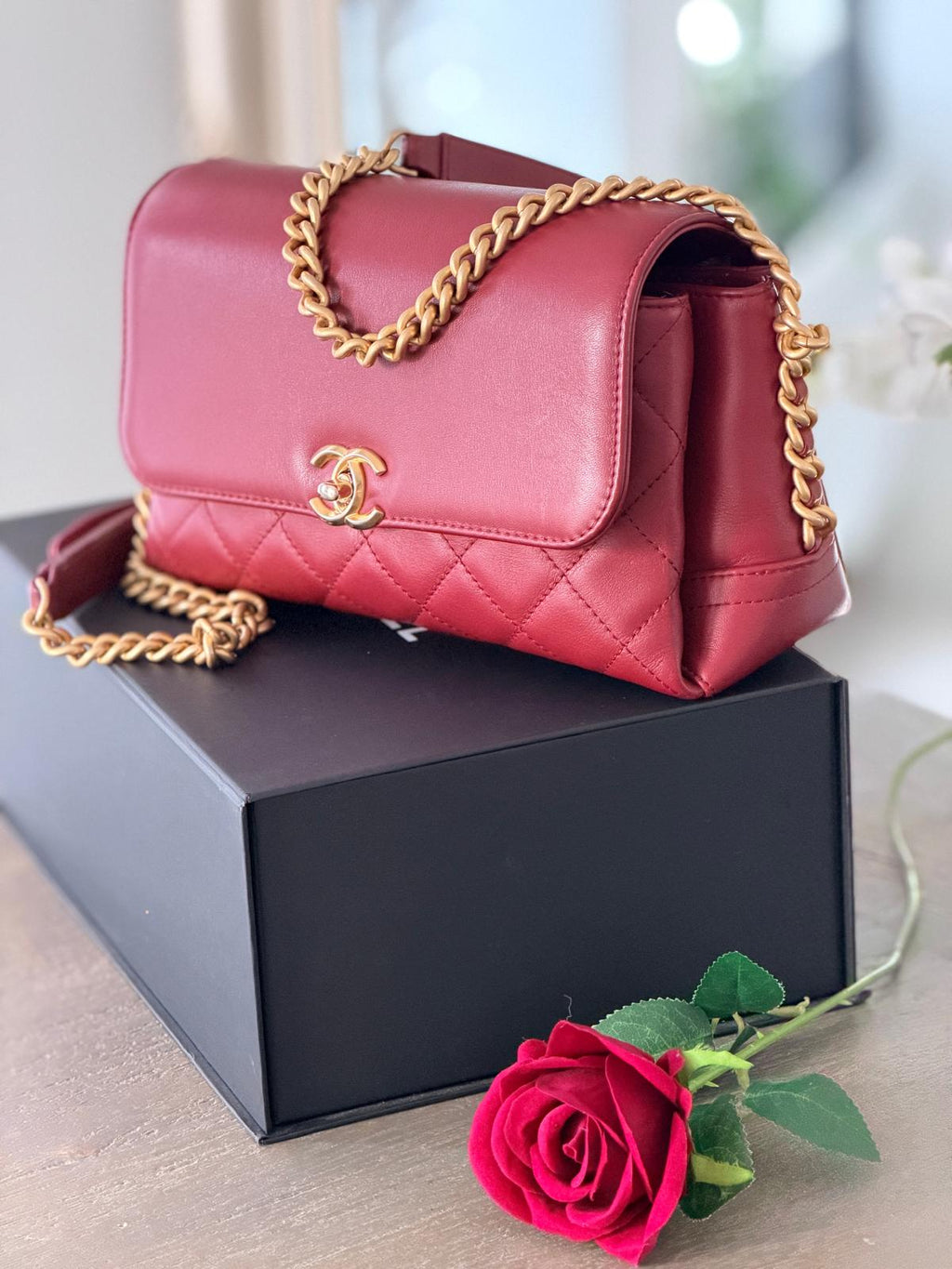 Chanel Single Flap Quilted Burgundy Lambskin Leather Bag with Aged Gold Hardware