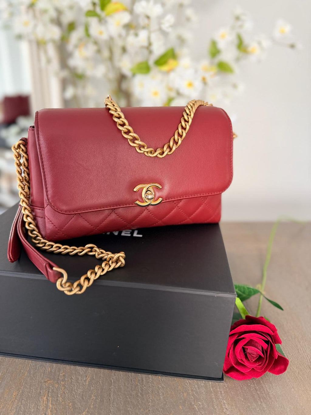 Chanel Single Flap Quilted Burgundy Lambskin Leather Bag with Aged Gold Hardware