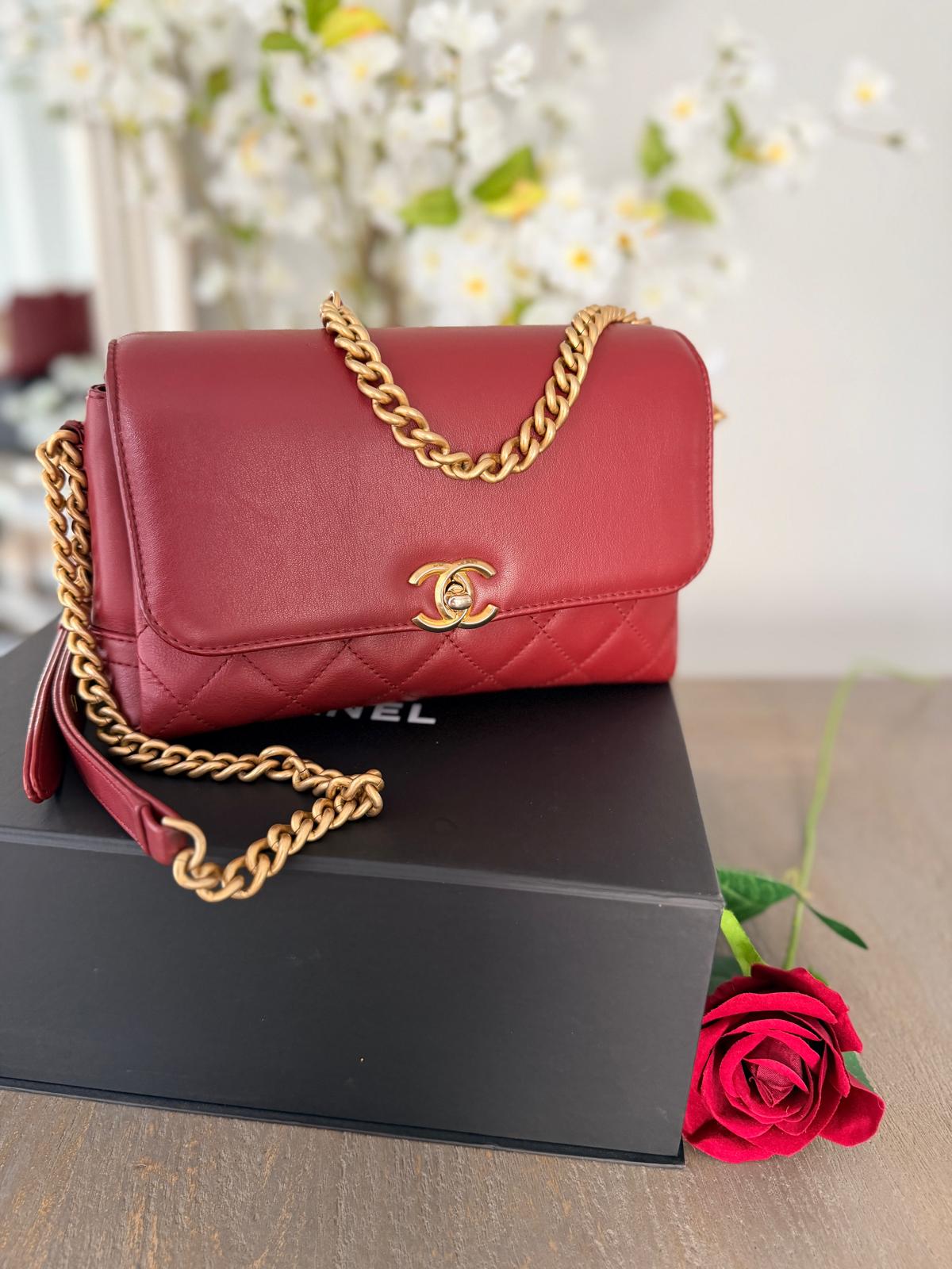 Chanel Single Flap Quilted Burgundy Lambskin Leather Bag with Aged Gold Hardware