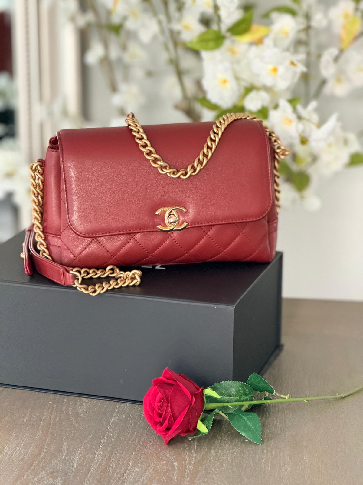 Chanel Single Flap Quilted Burgundy Lambskin Leather Bag with Aged Gold Hardware