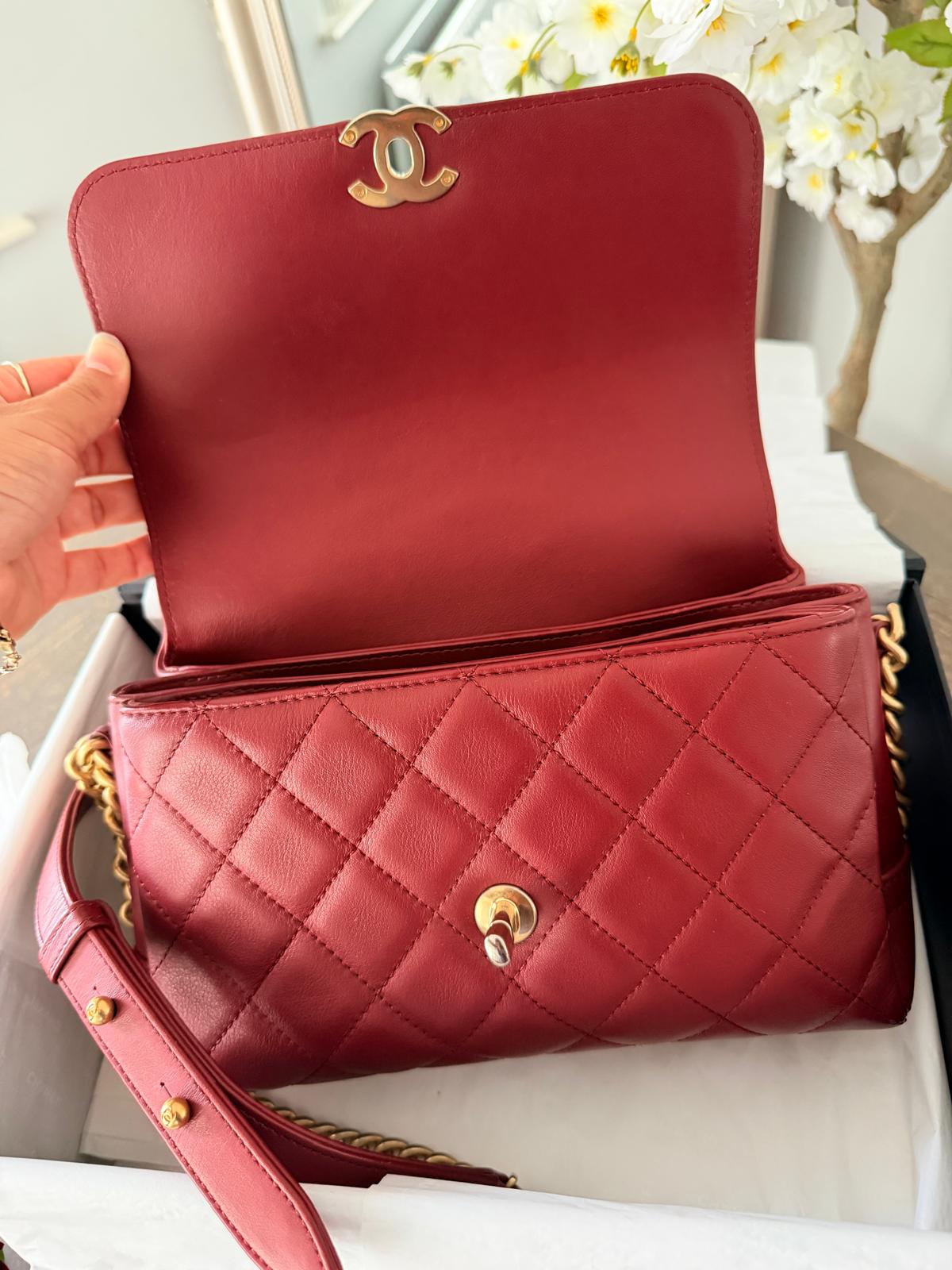 Chanel Single Flap Quilted Burgundy Lambskin Leather Bag with Aged Gold Hardware