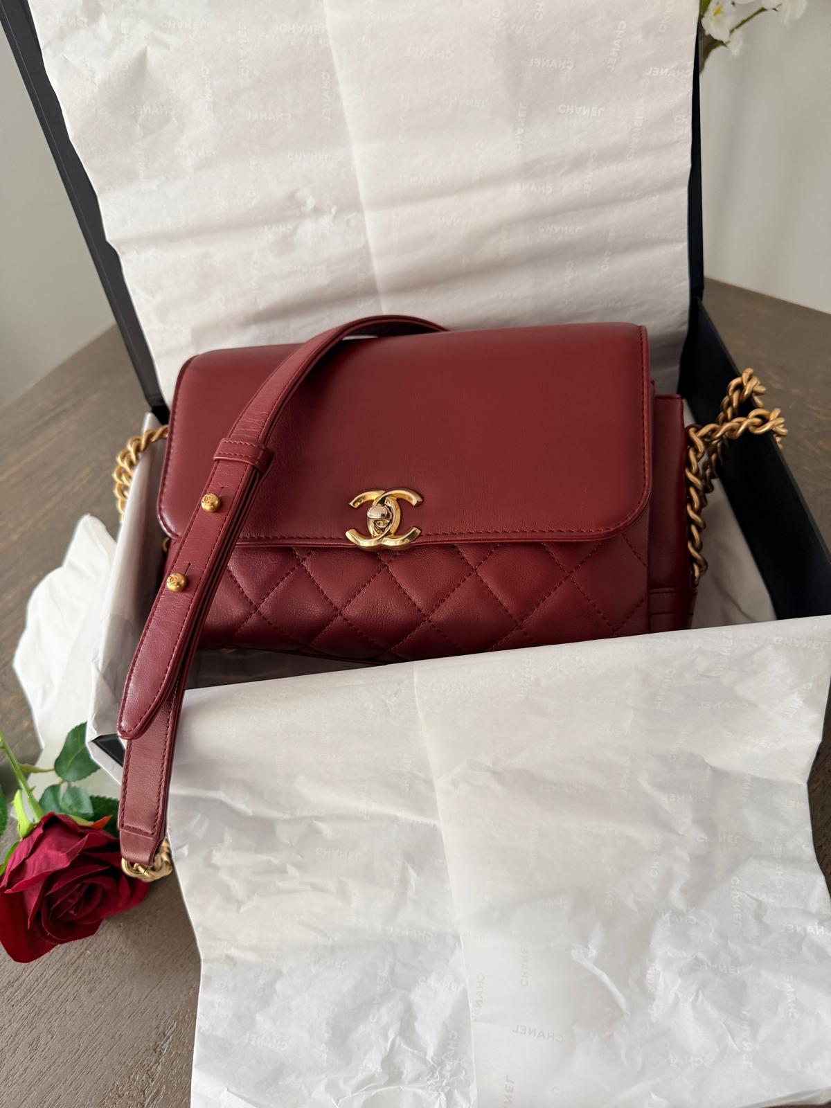Chanel Single Flap Quilted Burgundy Lambskin Leather Bag with Aged Gold Hardware