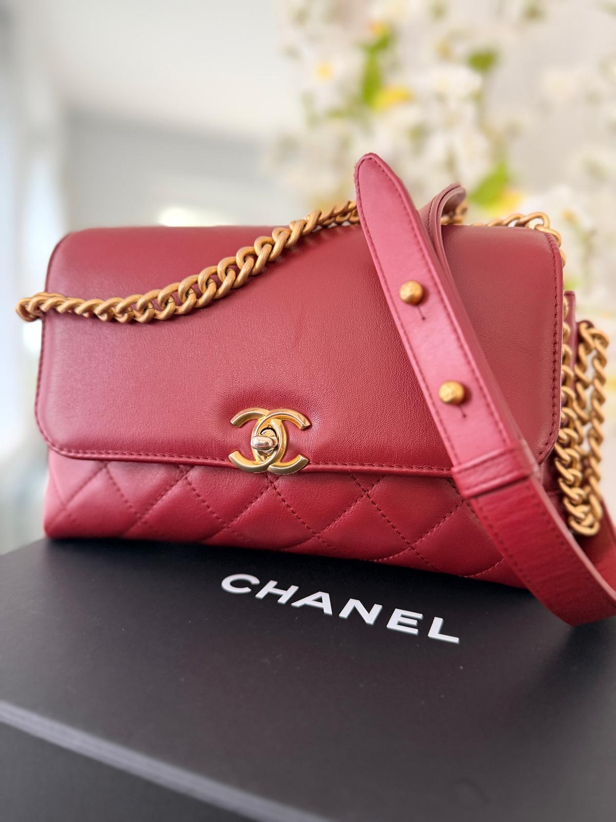 Chanel Single Flap Quilted Burgundy Lambskin Leather Bag with Aged Gold Hardware