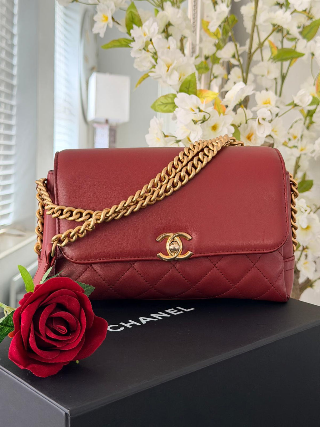 Chanel Single Flap Quilted Burgundy Lambskin Leather Bag with Aged Gold Hardware