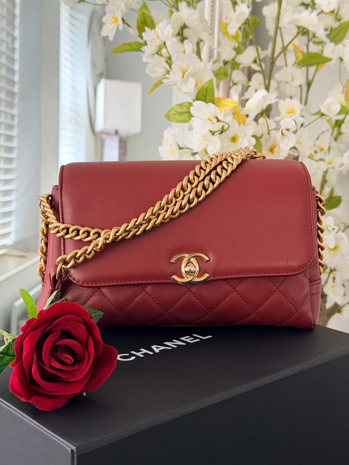 Chanel Single Flap Quilted Burgundy Lambskin Leather Bag with Aged Gold Hardware