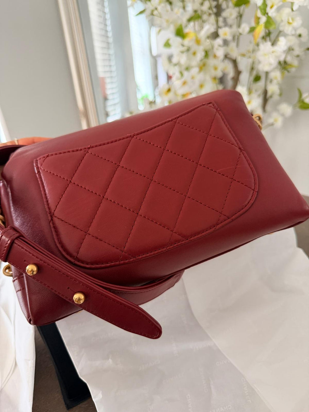 Chanel Single Flap Quilted Burgundy Lambskin Leather Bag with Aged Gold Hardware