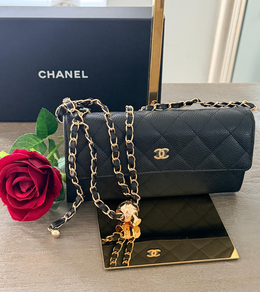 Chanel Gusset Long Wallet Black Caviar Leather with Gold Hardware