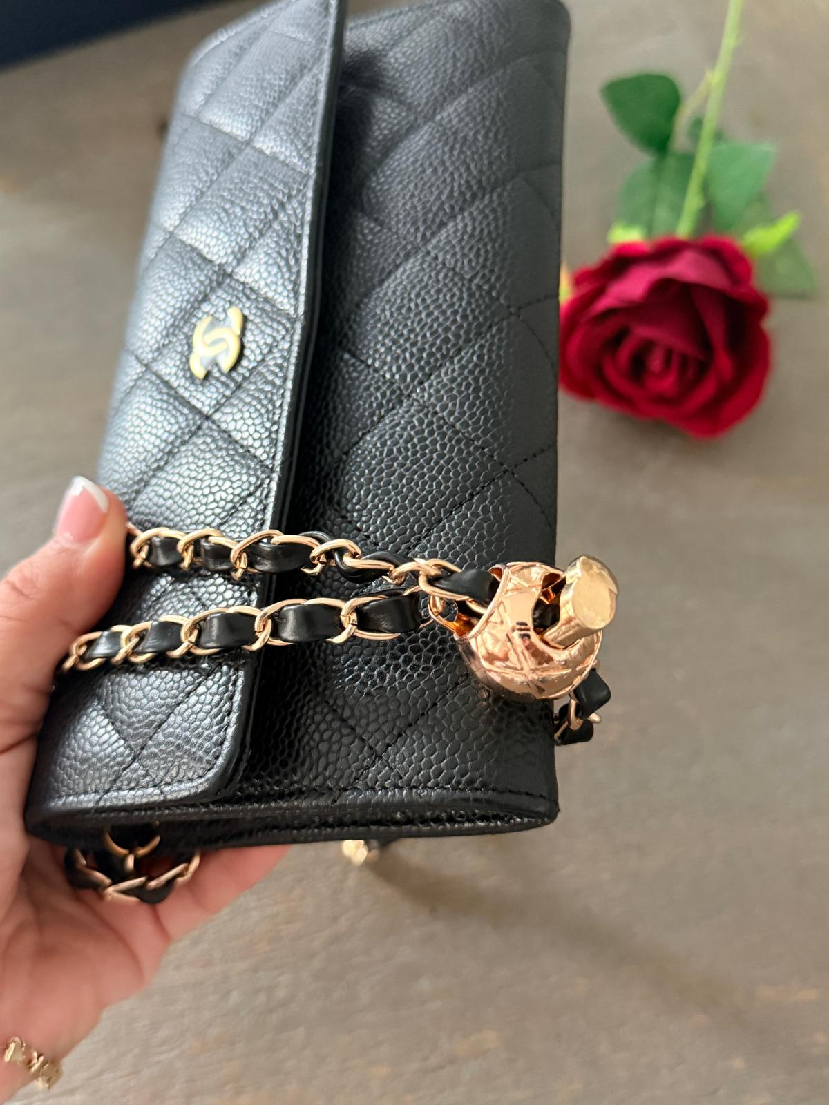 Chanel Gusset Long Wallet Black Caviar Leather with Gold Hardware