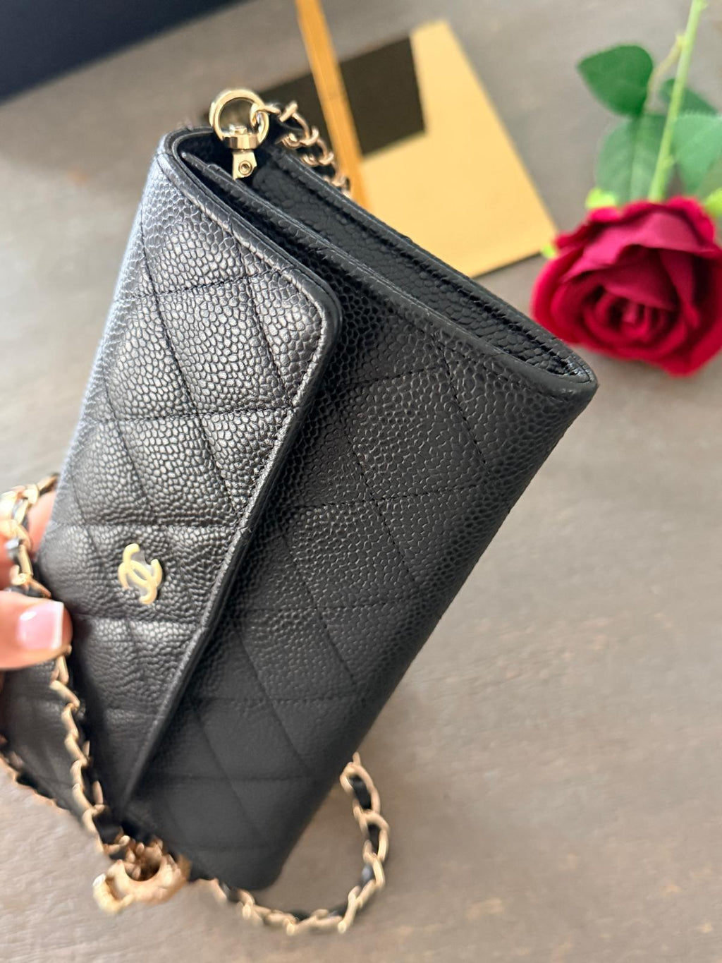 Chanel Gusset Long Wallet Black Caviar Leather with Gold Hardware