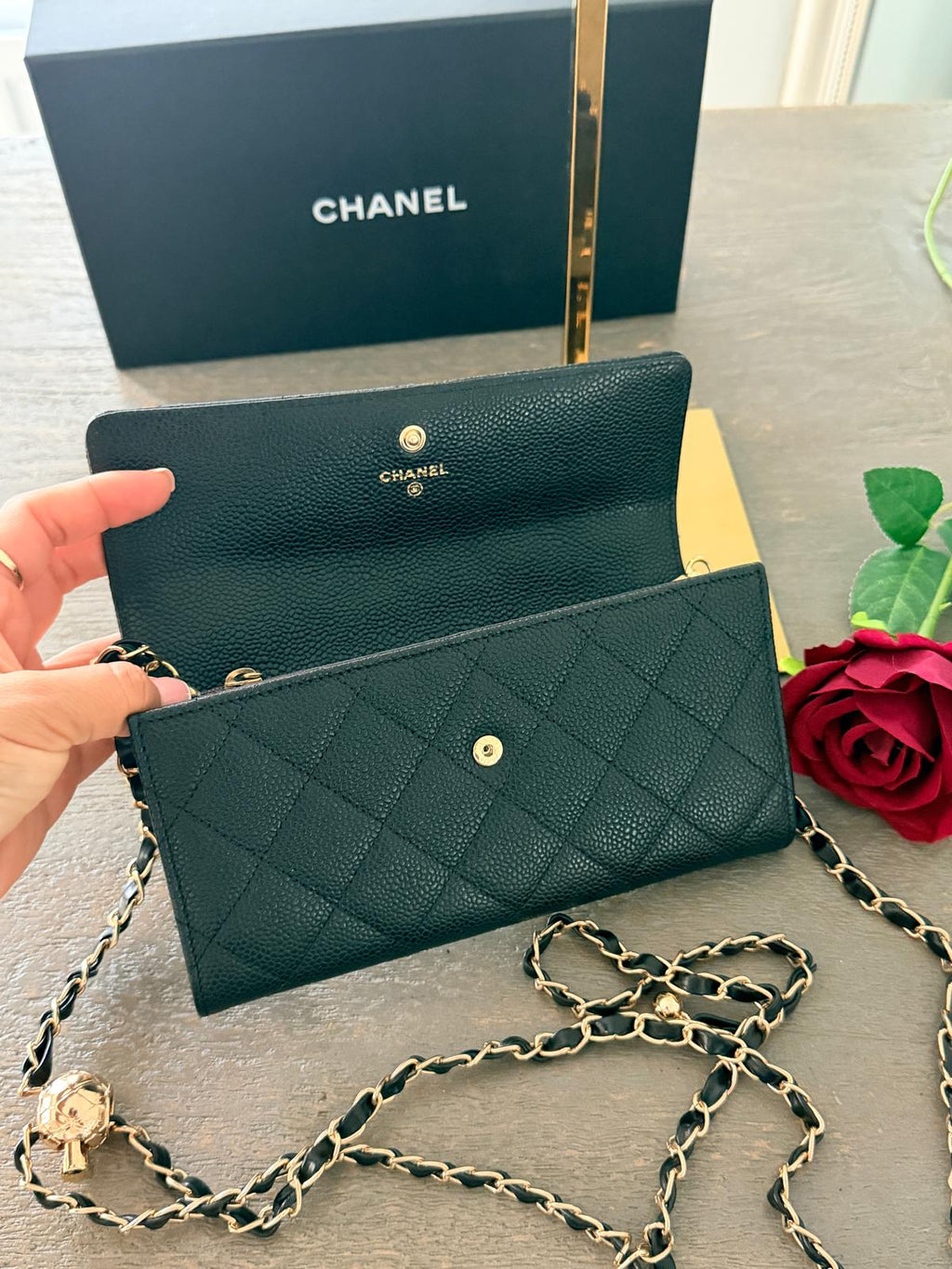 Chanel Gusset Long Wallet Black Caviar Leather with Gold Hardware