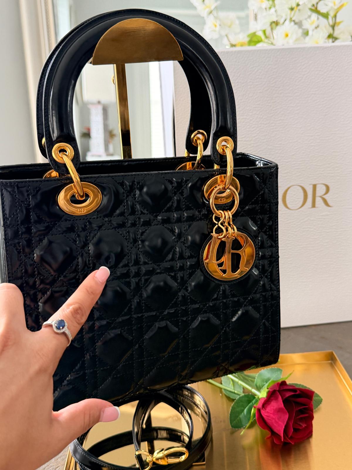 Lady Dior Vintage Medium Black Patent Leather Gold Plated Hardware