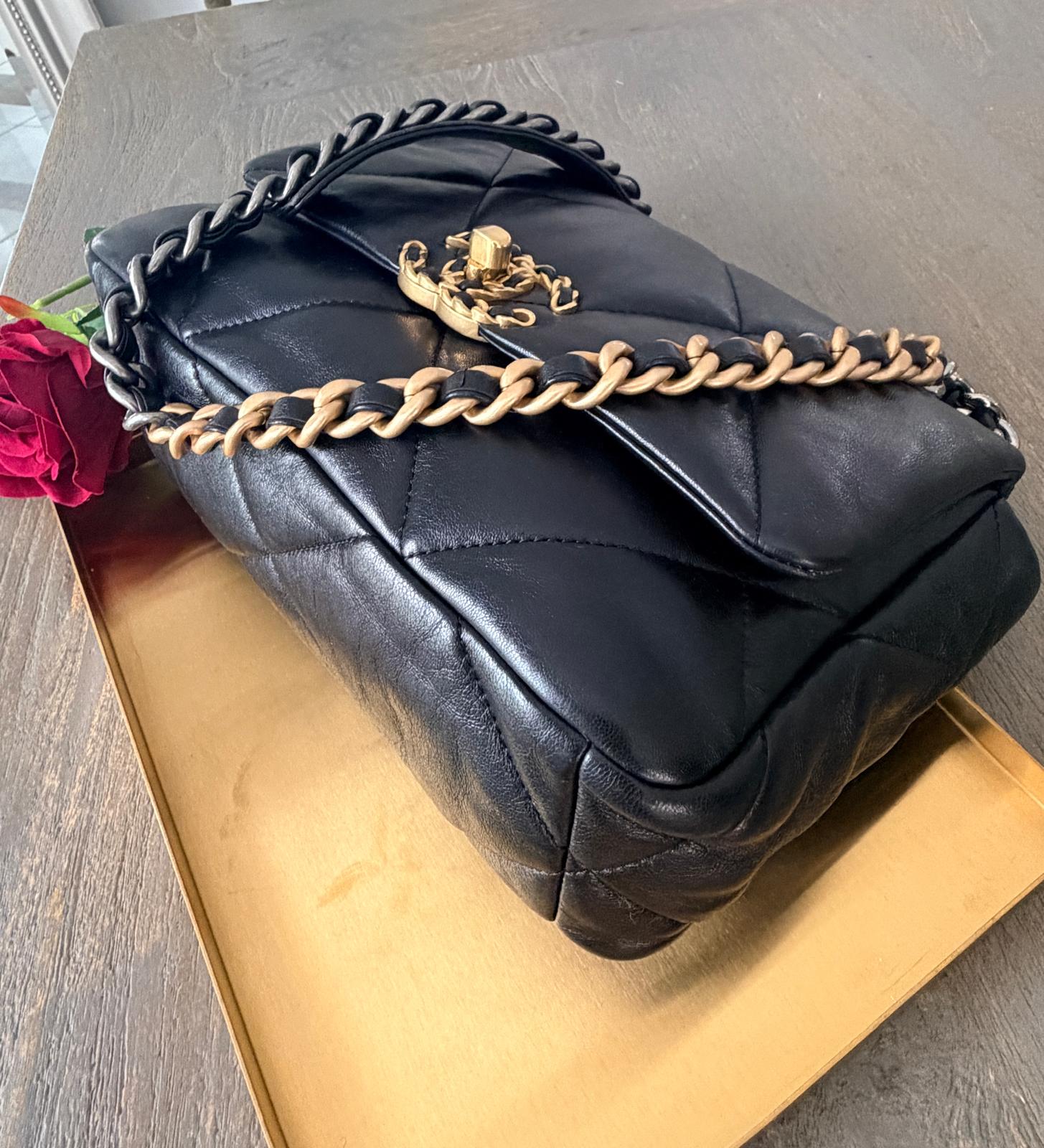Chanel 19 Medium Shoulder Bag Black Lambskin Leather Aged Silver