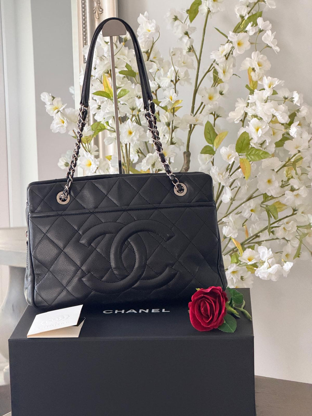 Chanel Medium Tote Bag Black Caviar Leather with Silver Hardware