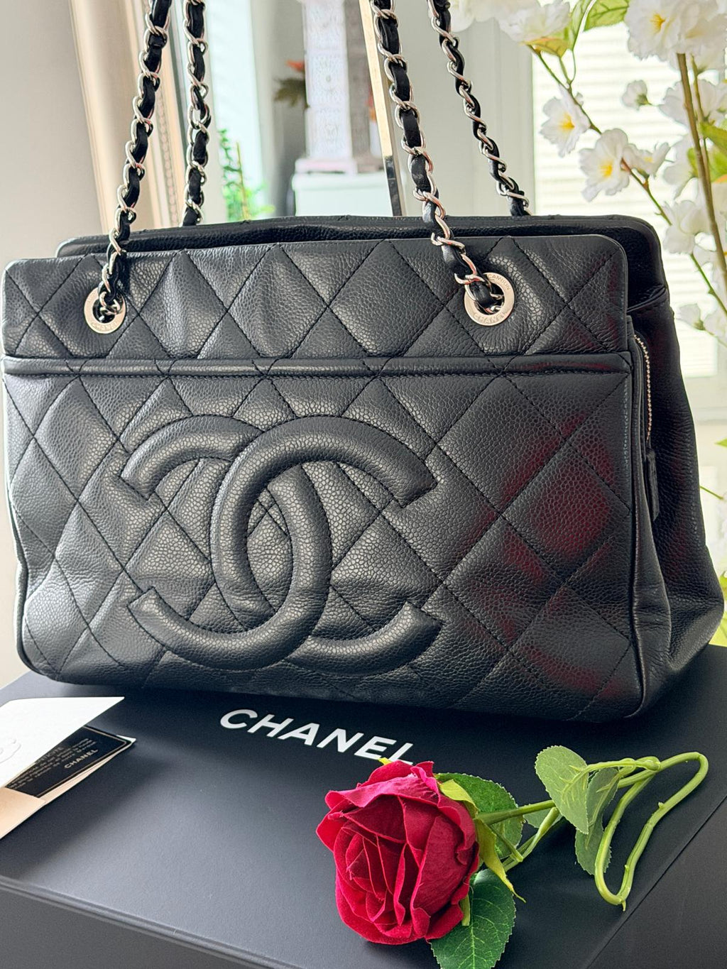Chanel Medium Tote Bag Black Caviar Leather with Silver Hardware