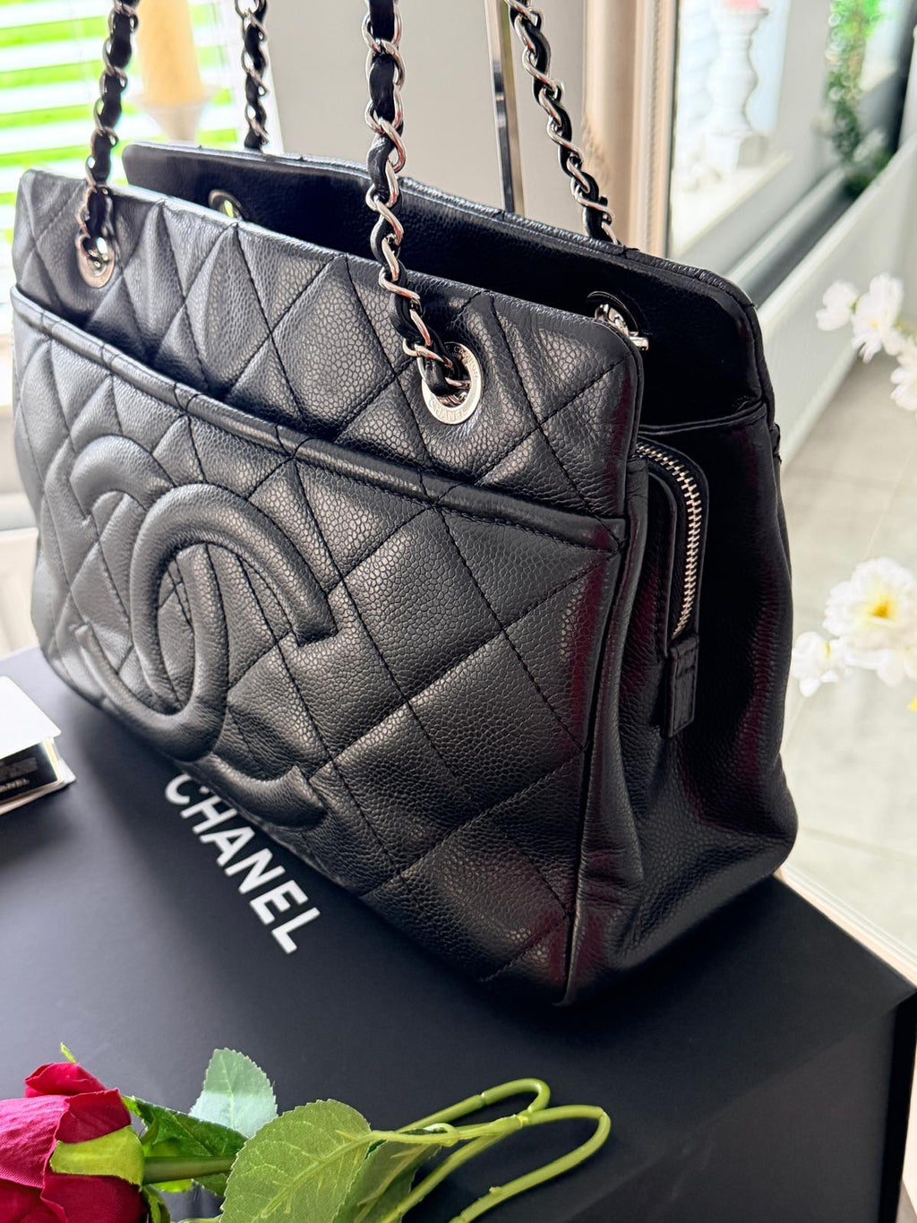 Chanel Medium Tote Bag Black Caviar Leather with Silver Hardware